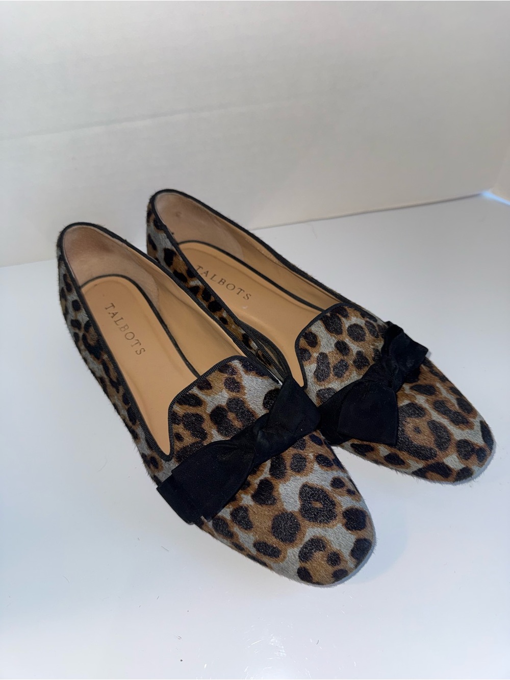 TALBOTS leopard print bow flat loafers with calf hair and velvet bow accent 8